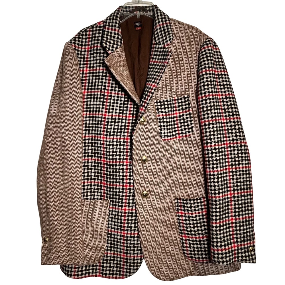 Rowing Blazers Patchwork Herringbone & Glen Plaid Blazer in Brown, Black & Red